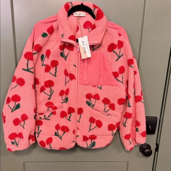 new in Jackets & Blazers - Pink Sherpa Jacket with Red Cherry Print